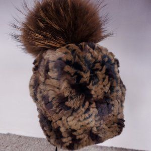 SALE Brown Knitted Rex Rabbit Fur Beanie with Fox Pom